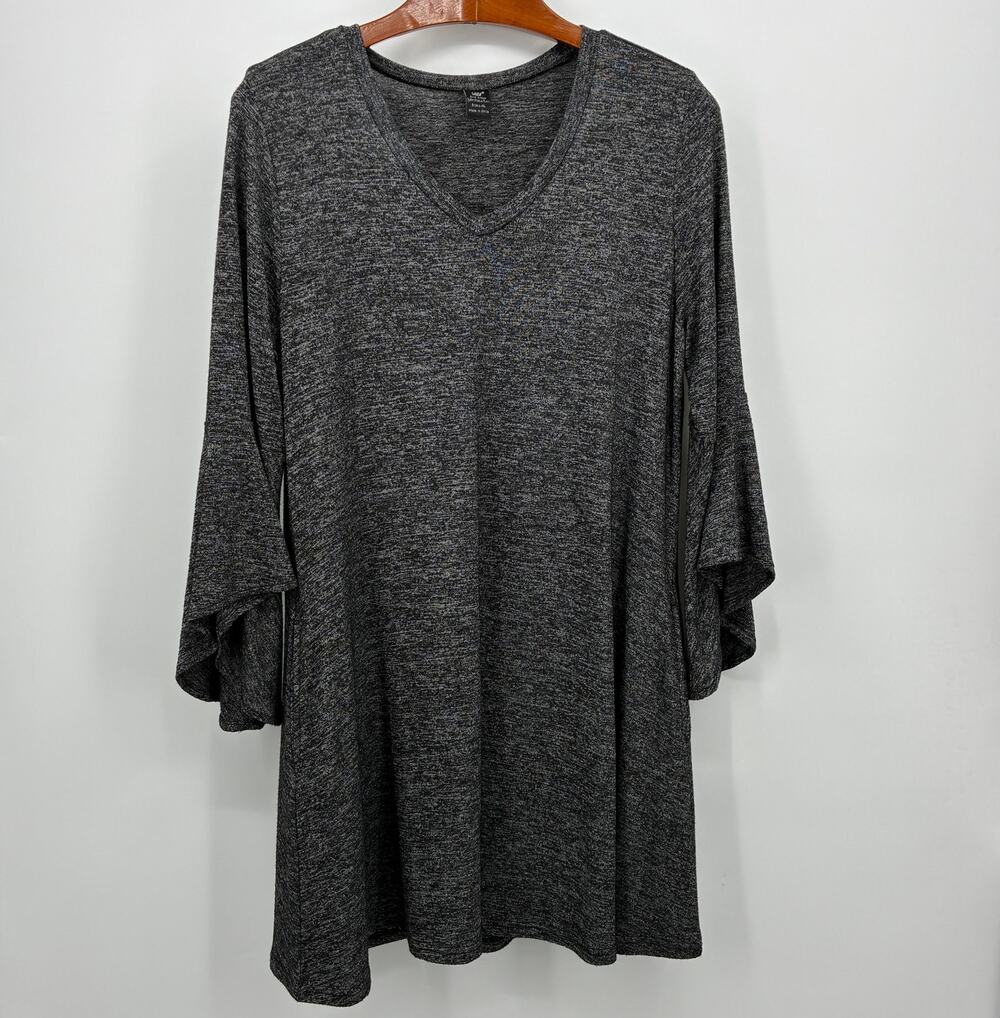 Lildy Solid V-Neck 3/4 Bell Sleeve Tunic Top Dark Gray Size L-XL Excellent Cond.